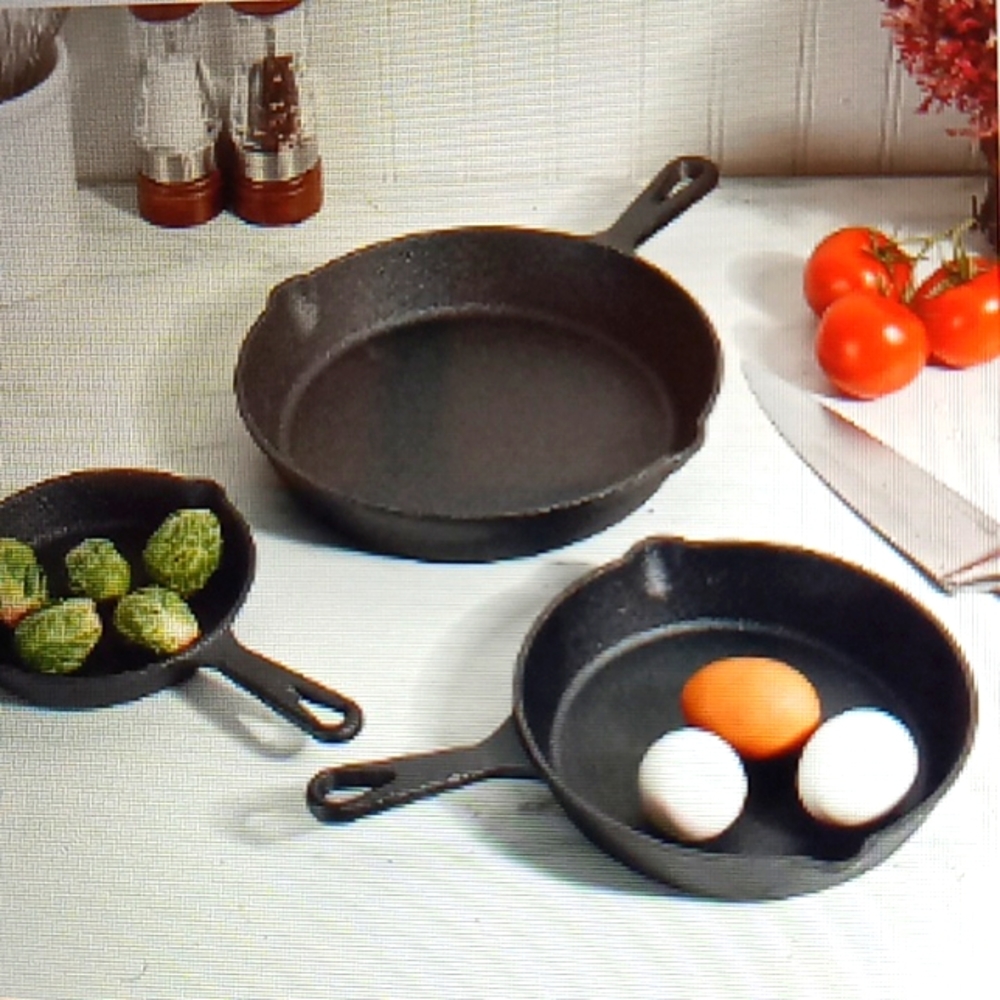 Fabulous and useful 3 piece cast iron cookware set. NIB!
